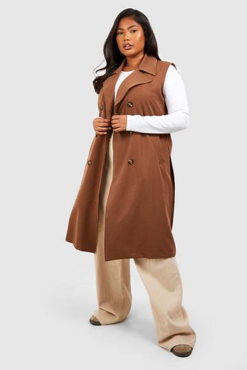 Plus Woven Sleeveless Longline Belted Trench rust