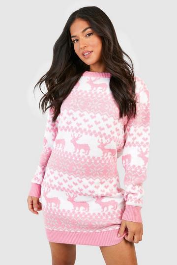 Pink Petite Hearts And Reindeer Fairisle Christmas Sweater Dress