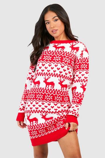 Petite Hearts And Reindeer Fairisle Christmas Sweater Dress red