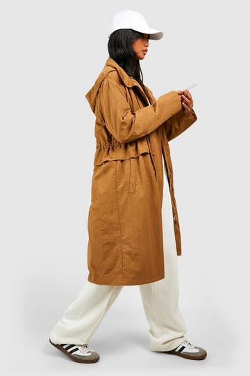 Nylon Hooded Detail Synched Waist Trench Coat brown