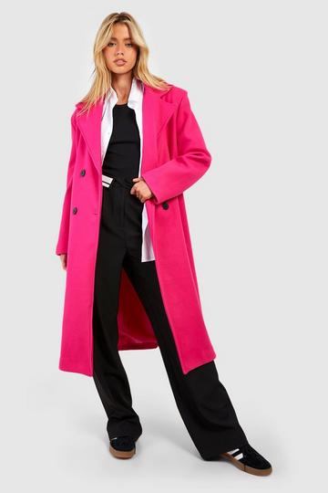 Pink Oversized Shoulder Pad Midi Wool Look Coat