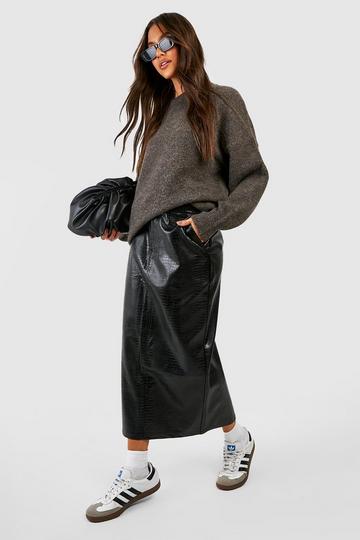 Black Croc Faux Leather Split Midaxi Skirt