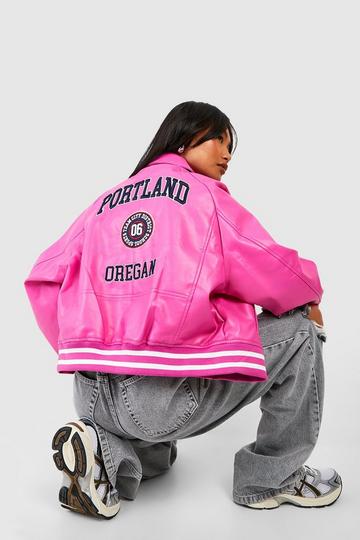 Oversized Embroidered Portland Faux Leather Bomber pink