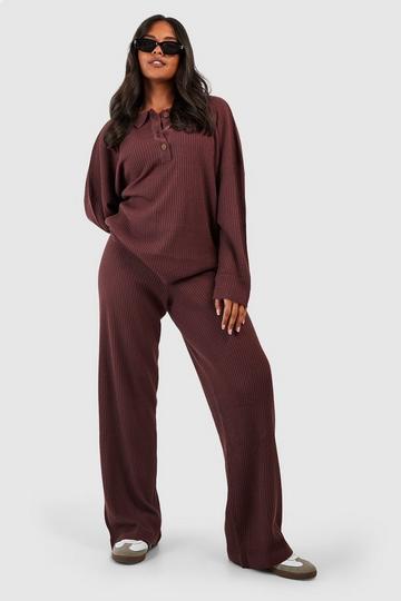 Plus Knitted Button Top & Pants Set chocolate