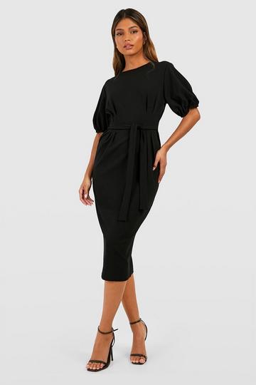 Crepe Pleat Front Puff Sleeve Belted Midaxi Dress black