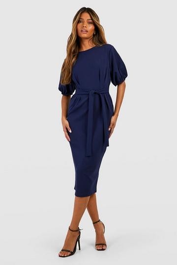 Crepe Pleat Front Puff Sleeve Belted Midi Dress navy
