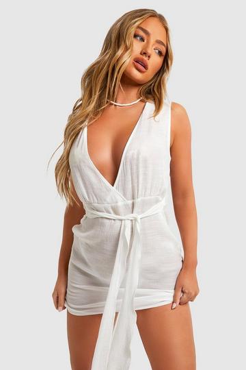 White Linen Look Belted Beach Dress