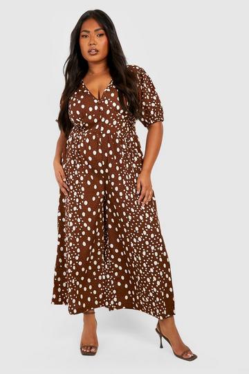Plus Woven Mixed Puff Sleeve Jumpsuit brown