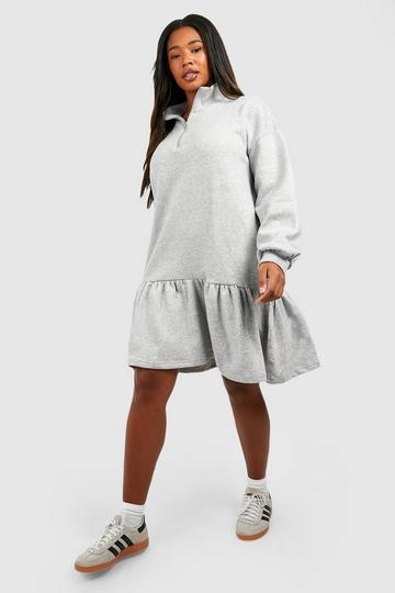 Grey Plus Frill Hem Half Zip Sweater Dress
