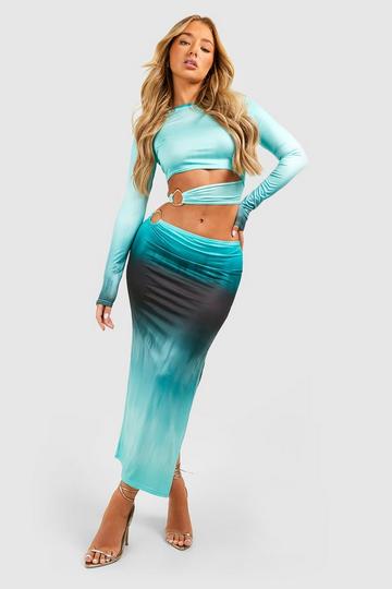 Ombre Gold Ring Slinky Midaxi Skirt teal