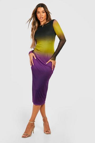 Ombre Mesh Long Sleeve Midi Dress purple