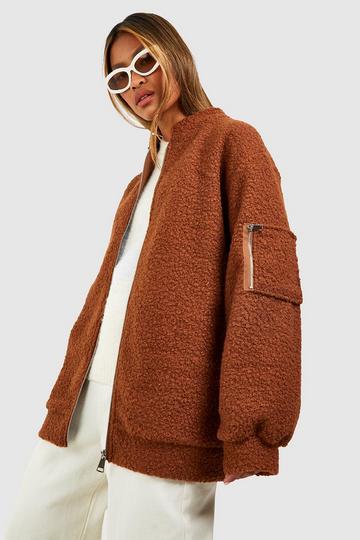 Camel Beige Oversized Boucle Wool Look Bomber Jacket