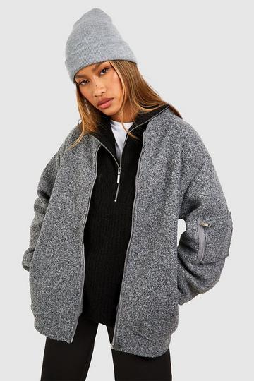 Grey Oversized Boucle Wool Look Bomber Jacket