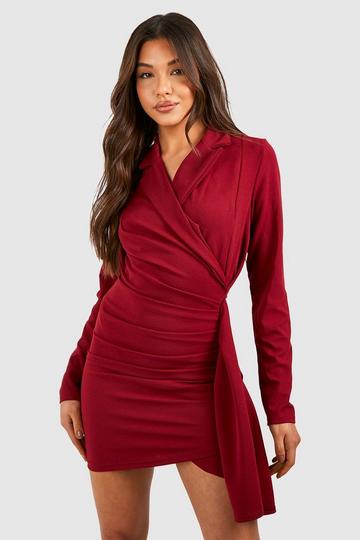 Ruched Drape Long Sleeve Blazer Dress berry