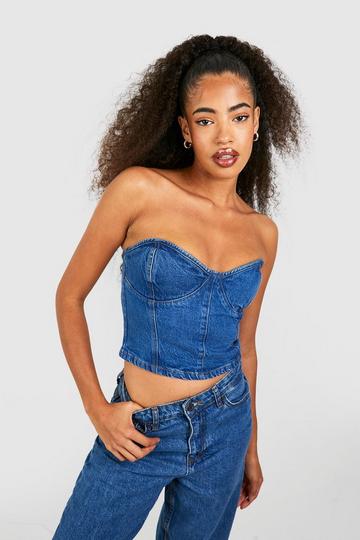 Plus Size Denim Lace Up Corset Bustier Jacket Flare Jeans Two Piece Set