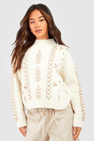 Contrast Cable Detail Oversized Sweater ivory
