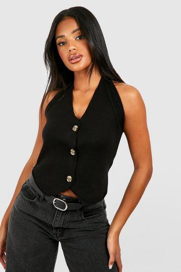 Fine Guage Halterneck Knitted Waistcoat black