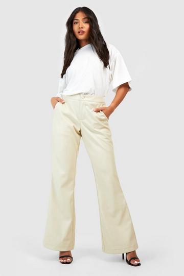 Petite Leather Look High Waisted Flared Trousers ecru