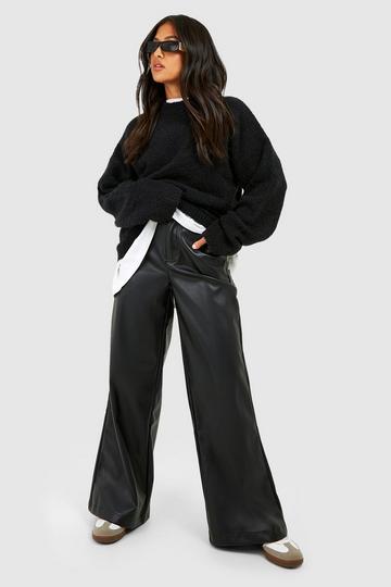 Black Petite Leather Look Wide Fit Trousers