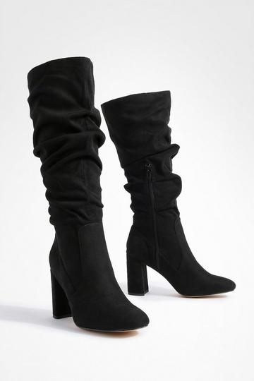Black Slouchy Knee High Block Heel Boots