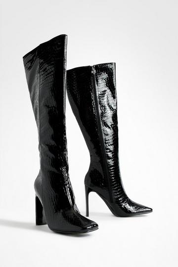 Flat Heel Metallic Croc Knee High Boots black