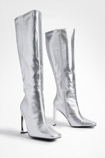 Flat Heel Metallic Croc Knee High Boots silver