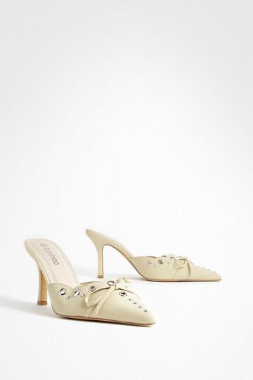 Bow Eyelet Detail Low Stiletto Heeled Court Mules nude