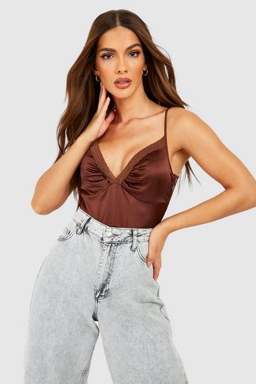 Satin Lace Trim Cami Bodysuit chocolate