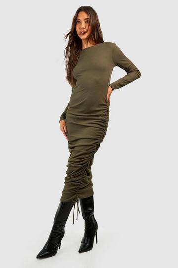 Khaki Rouched Detail Ribbed Midi Dress