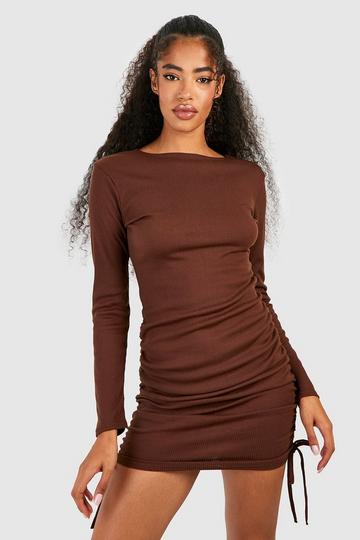 Rouched Detail Ribbed Mini Bodycon Dress chocolate
