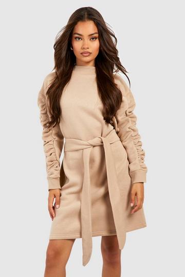Stone Beige Ruched Sleeve Sweater Dress