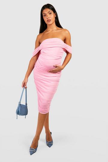 Maternity Ruched Mesh Bardot Midi Dress pink