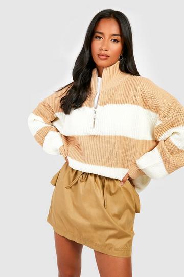 Petite Stripe Zip Detail Sweater stone