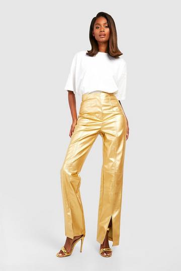 Gold Metallic Matte Metallic Leather Look Split Front Trousers