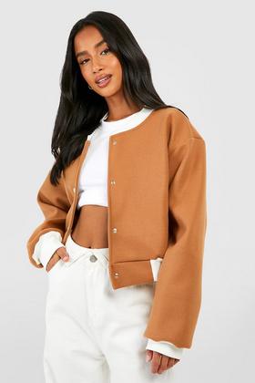 boohoo Petite PU Sleeve Oversized Varsity Jacket - Navy