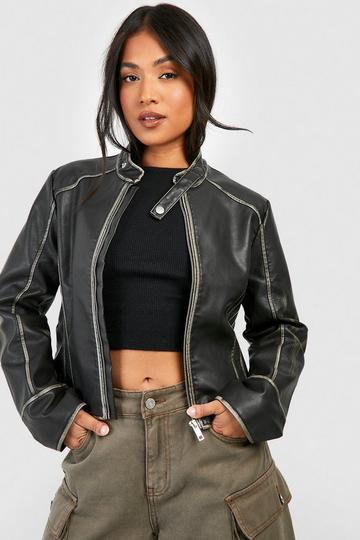 Petite Vintage Look Moto Faux Leather Jacket black