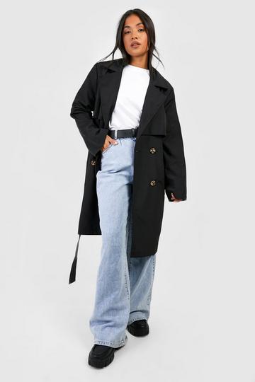 Black Petite Double Breast Belted Trench Coat