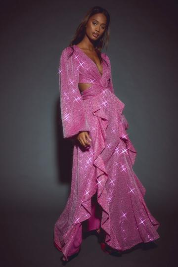 Sequin Ruffle Ring Detail Maxi Dress hot pink