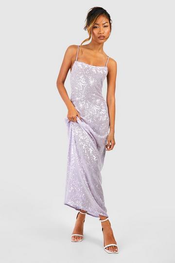 Sheer Sequin Strappy Low Back Maxi Dress lilac