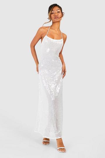 Sheer Sequin Strappy Low Back Maxi Dress white