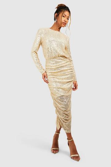 Champagne Beige Sequin Rouched Midaxi Dress