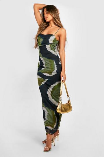 Olive Green Tie Dye Print Mesh Maxi Slip Dress