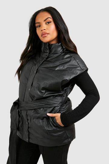 Black Plus Faux Leather Belted Gilet