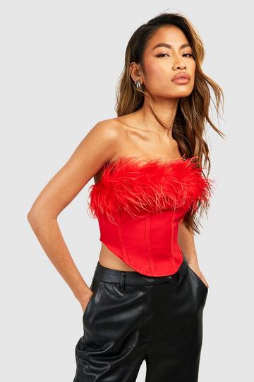 Feather Bandeau Boned Corset red