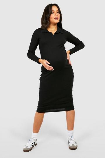 Maternity Collared Long Sleeve Midi Dress black