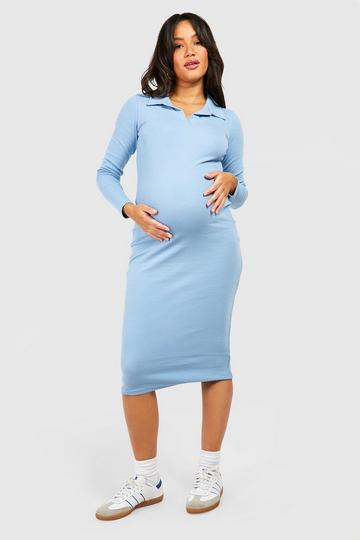 Blue Maternity Collared Long Sleeve Midi Dress