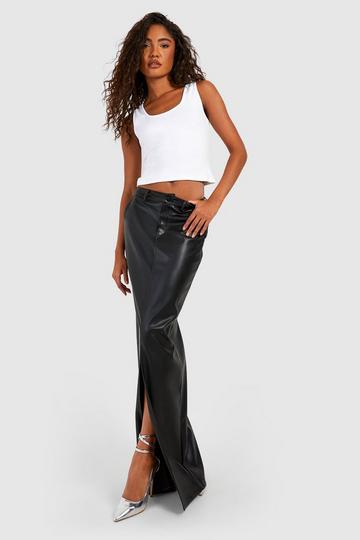 Black Tall Leather Look High Waisted Split Maxi Skirt