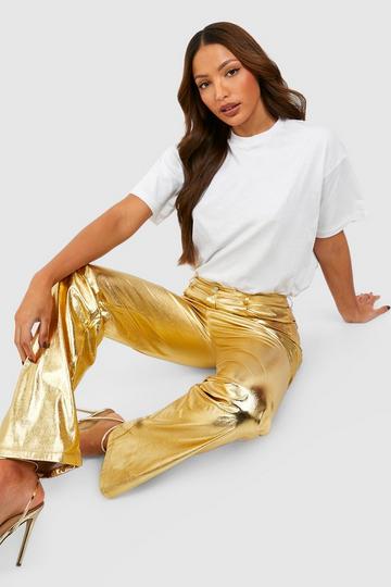 Tall Metallic Leather Look High Waisted Straight Trousers gold