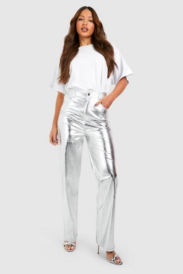 Tall Metallic Leather Look High Waisted Straight Trousers silver