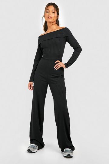 Sexy Womens Skinny Sport Black Ribbed Jumpsuit Black/White Long